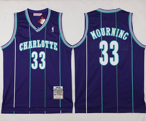 Men Charlotte Hornets #33 Alonzo Mourning Purple Throwback Stitched NBA Jersey